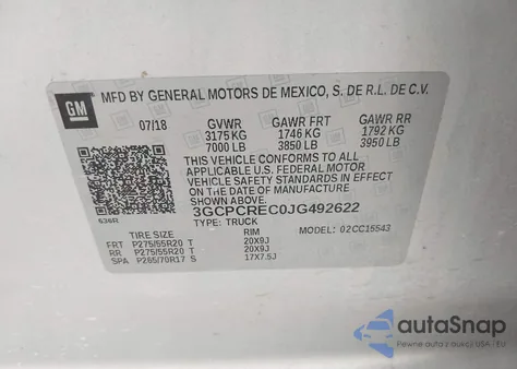 2018 Chevrolet Silverado 1500 1Lt из США, поврежденный, VIN 3GCPCREC0JG492622